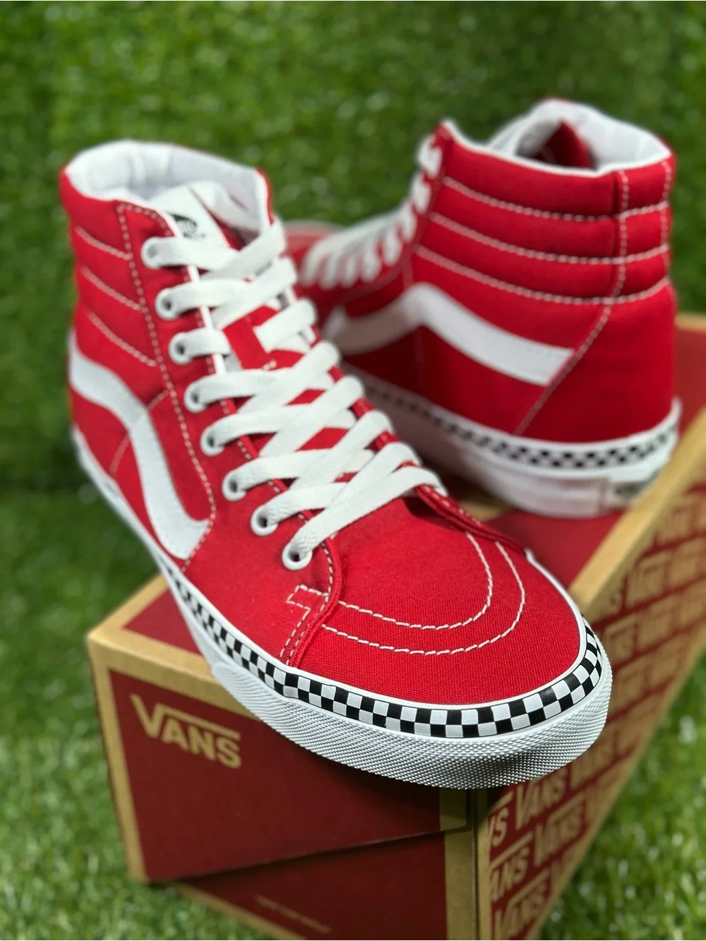 Vans SK8-HI  Check Foxing, Red/White with Checkerboard Trim, Men’s 8,VN0A38GEVS5